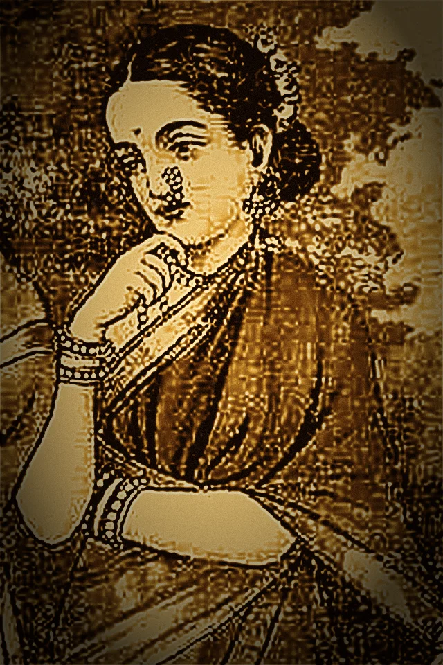 Mata Sita, golden illustration after Raja Ravi Varma