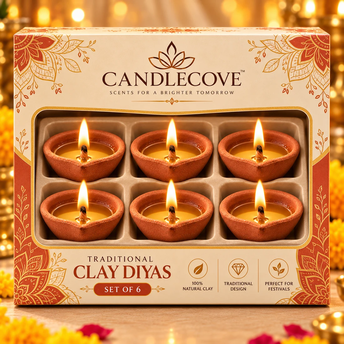 Candlecove Traditional Clay Diyas gift box, set of 6